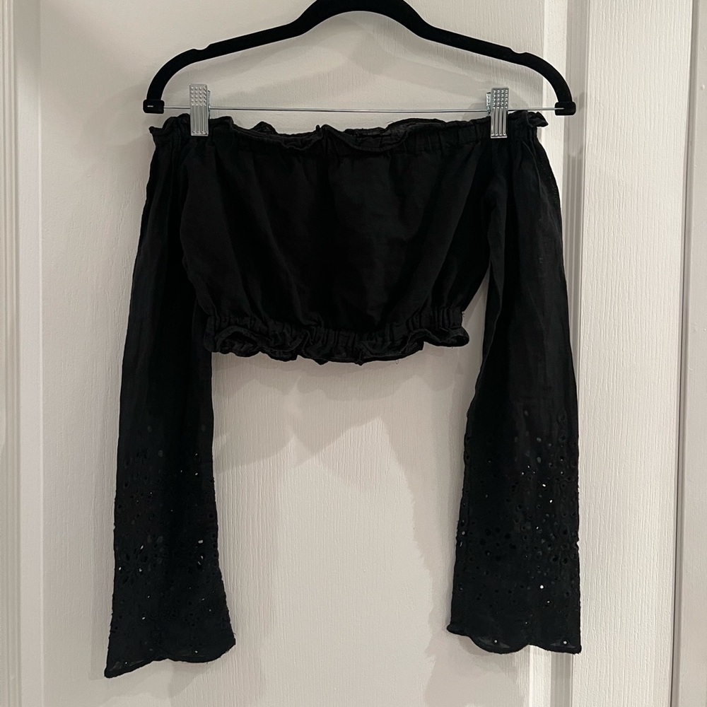 Black Crop Top With Floral detail on sleeves